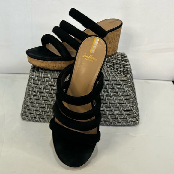 Sam Edelman Yuki Black Suede Cork Platform Wedge Sandals Puffy Straps Size 10 - Picture 1 of 8
